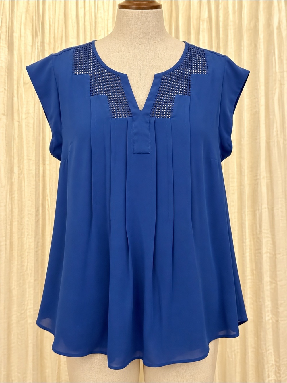 Daniel Rainn Cobalt Blue Sleeveless Pleated Blouse with detailed Yoke